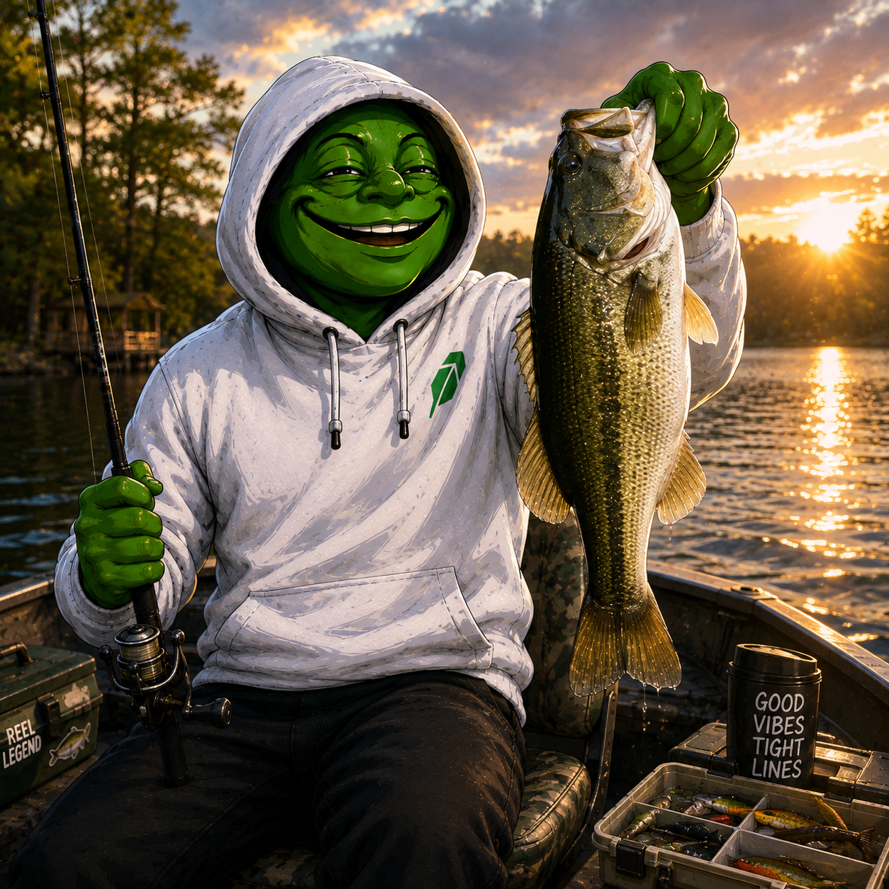 Troll fishing at sunset holding a bass